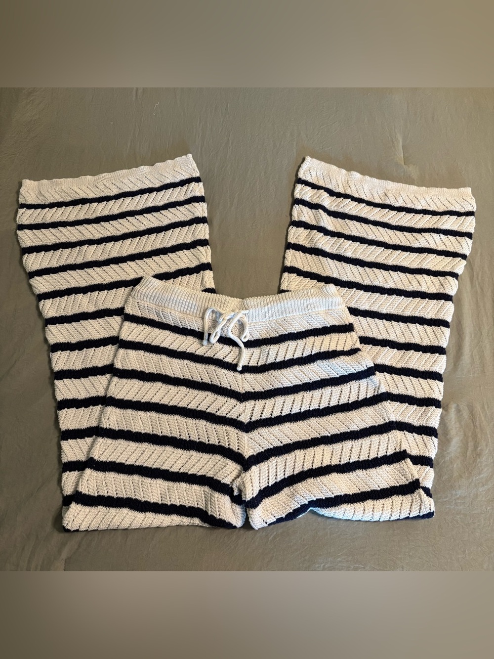 aerie Cream and Navy Striped Wide-Leg Knit Pants with Drawstring